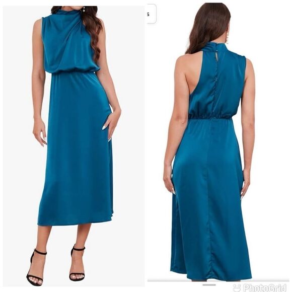 Satin Elegant Formal Sleeveless Ruched Long Dress Cocktail Party Date Evening - Picture 1 of 15